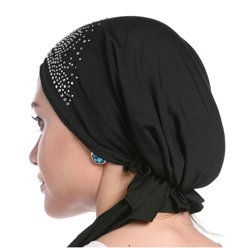 Fashion Muslim Headscarf Hat Thin Summer Women Inner Hijab Bonnet Solid Diamond Turban Caps India Head Wrap Hats For Lady