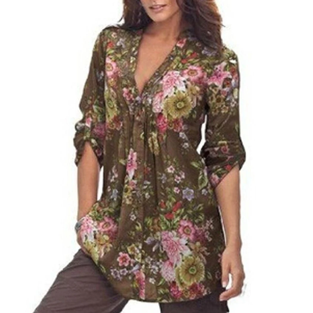 2018 moda Mujer blusas más tamaño S-3XL Womens Vintage Floral impresión v-cuello túnica Tops otoño Mujer Ropa Mujer 2018 moda Mujer blusas más tamaño S-3XL Womens Vintage Floral impresión v-cuello túnica Tops otoño Mujer Ropa Mujer