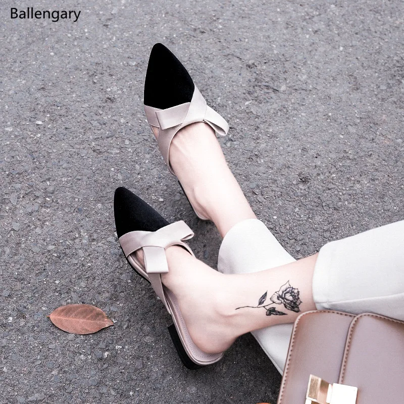 

Soft Satins Slides Women Pointed Toe Bow Slip On Sandalias Mujer Soft Leather Slippers Low- heels Casual Shoes Beach Sandals
