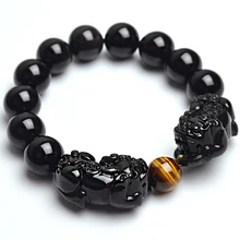Piedra natural negro obsidiana pulsera con Ojo de Tigre y doble pixiu tropas valientes Amuletos mujeres y hombres joyería 2017