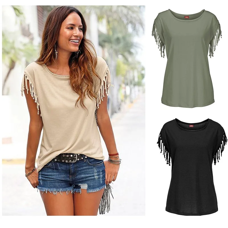 

2019 Summer Women T shirt Tassel Sleeve Fashion S/M/L/XL/2XL/3XL/4XL/5XL Pullover Casual T shirts Girl Polyester T-Shirt