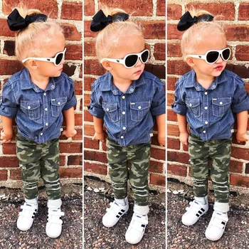 

Fashion Toddler Kids Spring autumn Girls Denim Shirt + Camouflage Hole Trousers Two-piece Children's Clothing 1 2 3 4 5 Years