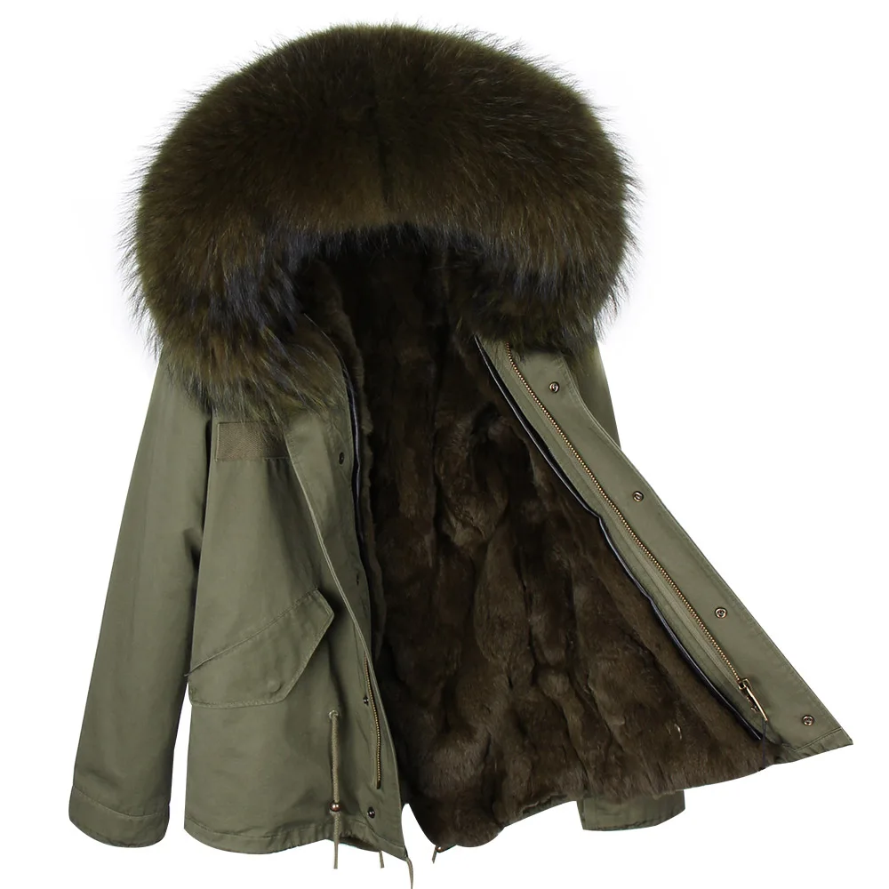 Зимняя куртка с подкладкой из кроличьего меха, женская мода, армейский зеленый большой воротник из меха енота, пальто, парки, верхняя одежда, abrigos mujer - Цвет: B2-2