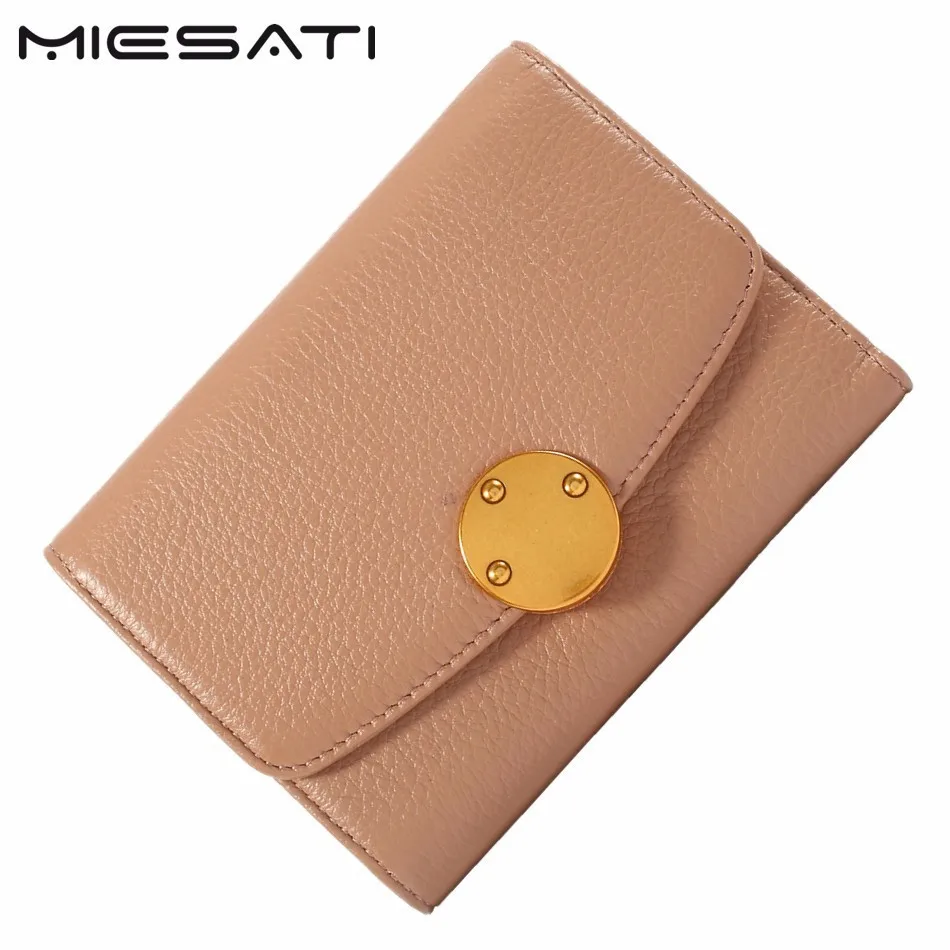 

MIESATI Flip Round Button Women Genuine Leather Short Wallet Card Holder Clutch Purse Button Purse Mujer Cartera Coin Pocket
