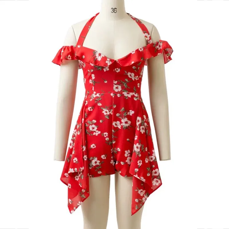 yinlinhe Red Lace Up Halter Playsuit Women Off Shoulder Summer Playsuit Short Sleeve Backless Asymmetry Sexy short jumpsuit 3