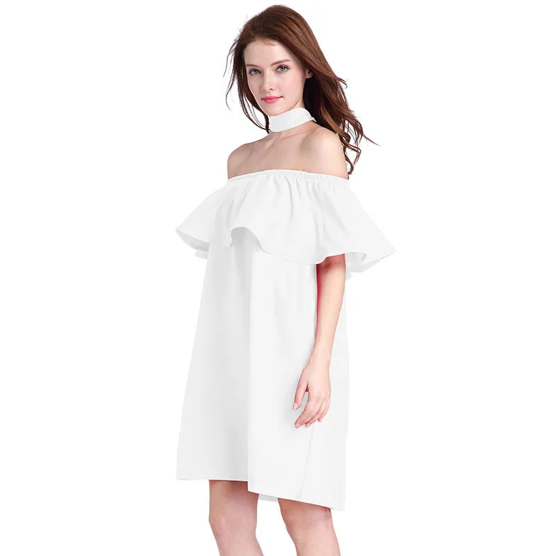 Ahamgen Ruffles Slash Neck Women Dress Summer Style Off Shoulder Sexy Dresses Vestidos White Tube Beach Dress Cotton16