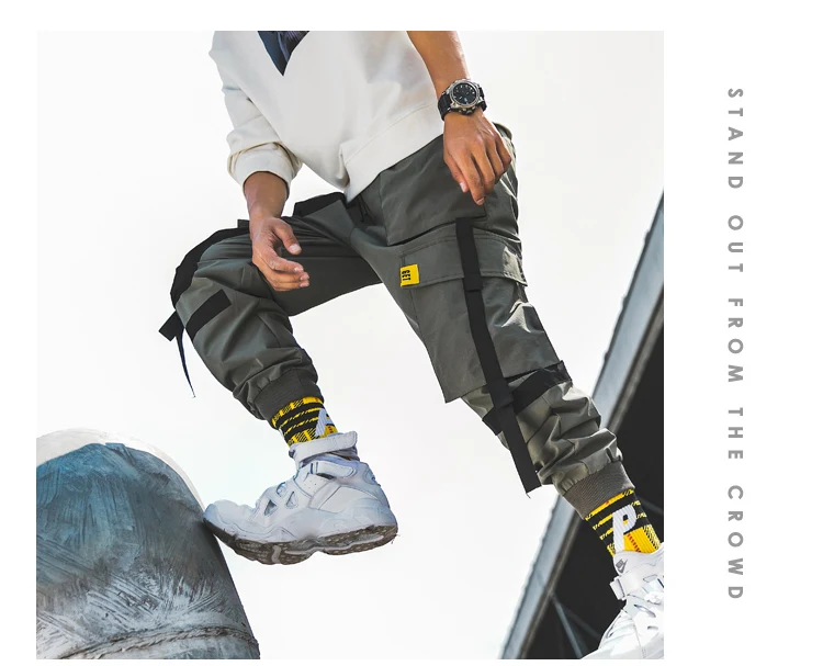 Мужская Уличная одежда в стиле хип-хоп с лентами, повседневные брюки, тонкие мужские штаны для бега с боковыми карманами, хлопковые камуфляжные мужские брюки ABZ405
