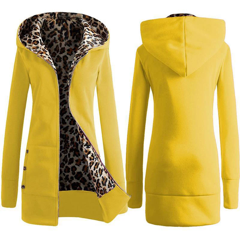 Женское зимнее пальто с леопардовым принтом, на молнии, с капюшоном, с длинными рукавами, с флисовой подкладкой, облегающее, NGD88 - Цвет: Цвет: желтый