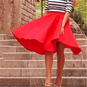 

Vintage High Waist Flared Swing Skirt Solid Knee Length Casual Skirt Women A Line Skirt
