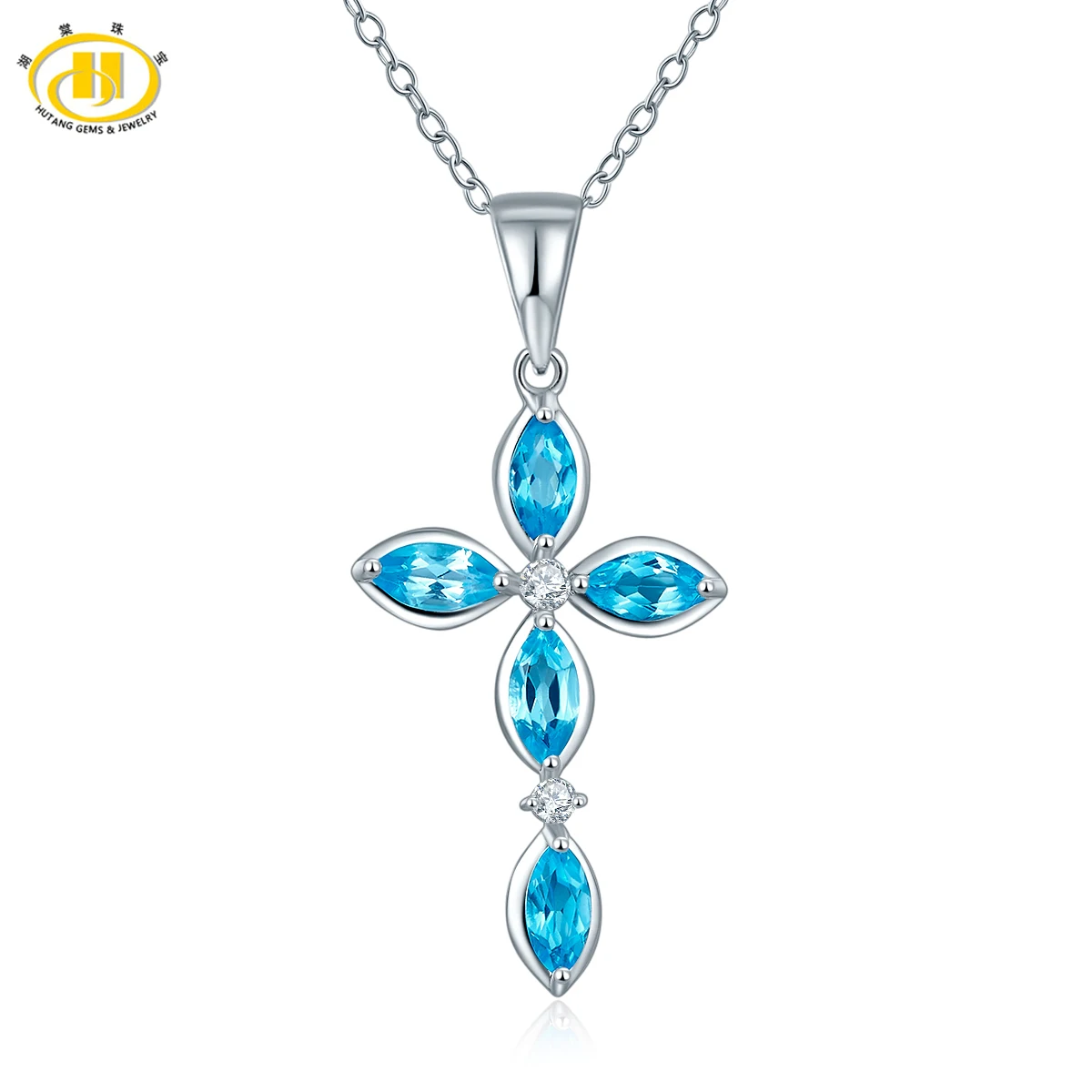 

Hutang 1.51ct Real Swiss Blue Topaz Solid 925 Sterling Silver Cross Pendant Necklaces Gemstone Fine Jewelry for Women Free Chain