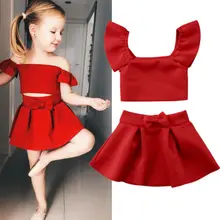 2 предмета, стильный комплект одежды для маленьких девочек, однотонные топы с бретельками и высокой талией, красная юбка с бантом вечерние комплекты одежды