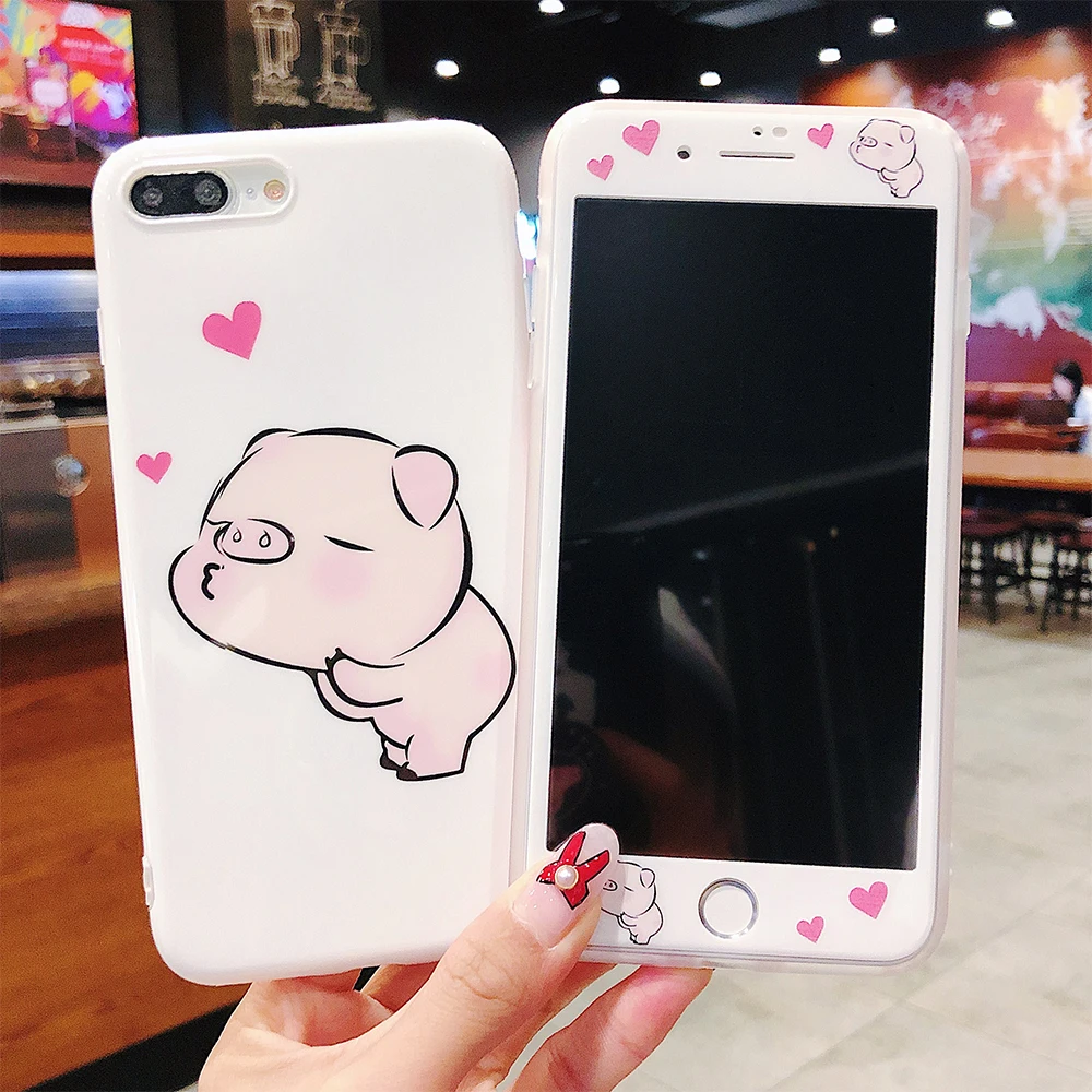 Ascromy For iPhone XS Max Case Pink Cartoon Pig Tempered Glass Silicone TPU Back Cover For iPhone XR X 7 8 Plus 6 6S Accessories (7)