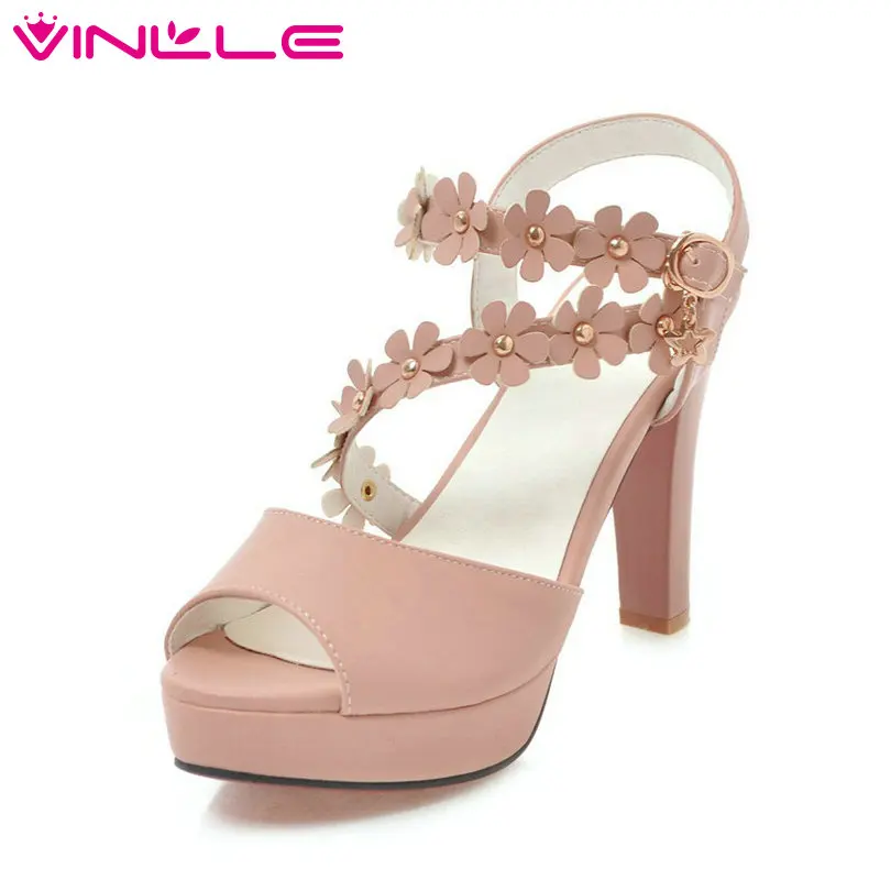 

VINLLE 2018 Women Sandals Peep Toe Fashion PU Leather Women Shoes Platform High Heel Buckle Pink Women Shoes Size 34-43