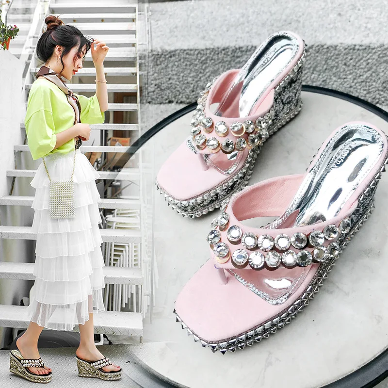 

Square Toe Wedges wedge women Beach platform sandals String Bead korean style Single cusp shoe Crystal High beach shoes tip