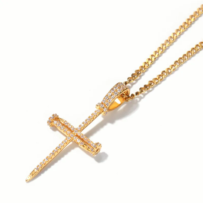 

Fashion Hip Hop Cross Nail Pendant Necklace New Arrival 2 Colors AAA Cubic Zircon Copper Chain Rock Style Jewelry