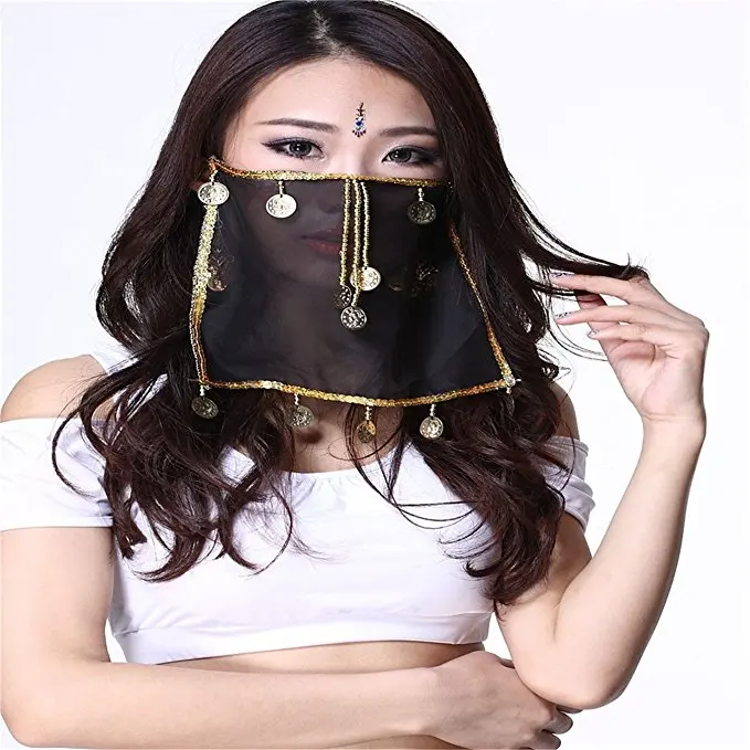 

Belly Dance Tribal Face Veil Shawl With Coins Chiffon Indian Dance Mask Veils Belly Dancing Accessories 10 Colors