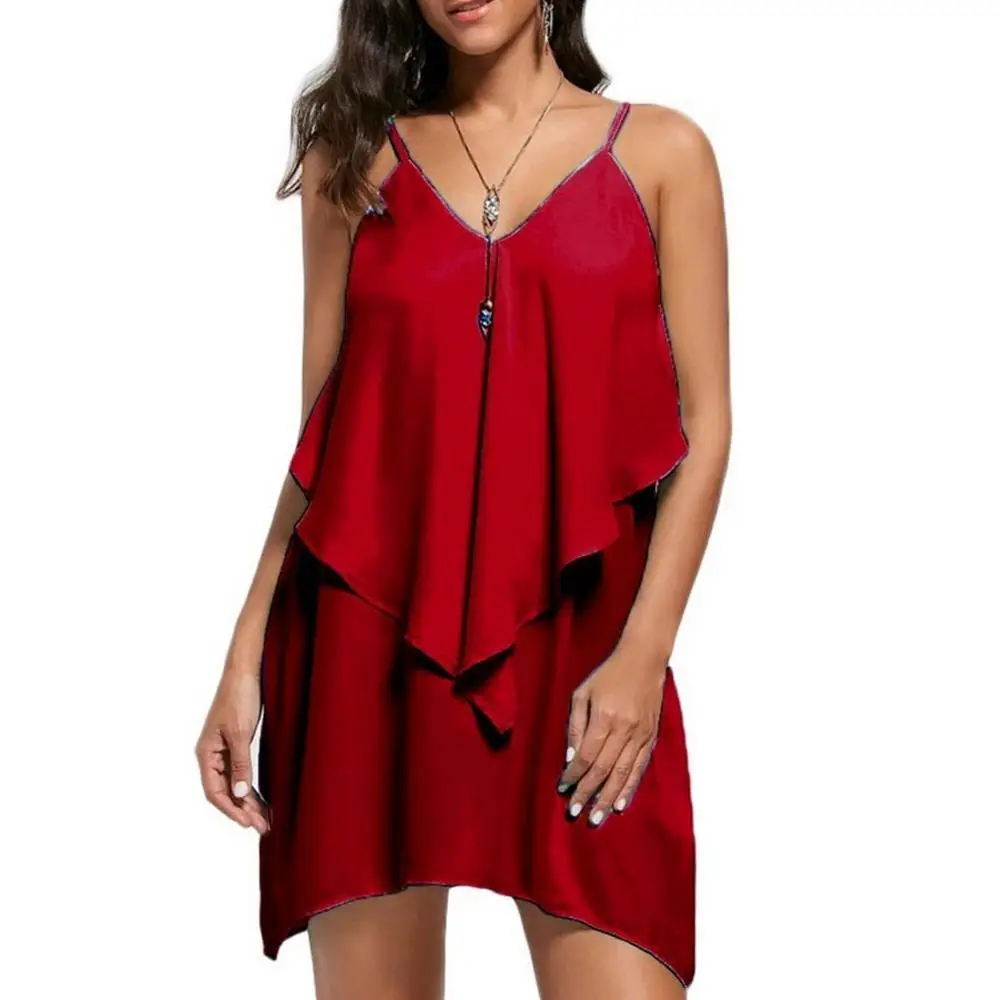 

Plus Size Women Summer V-neck Irregular Tunic Dress Loose Ruffles Chiffon Style Off Shoulder Sleeveless Solid Color Beach Dress