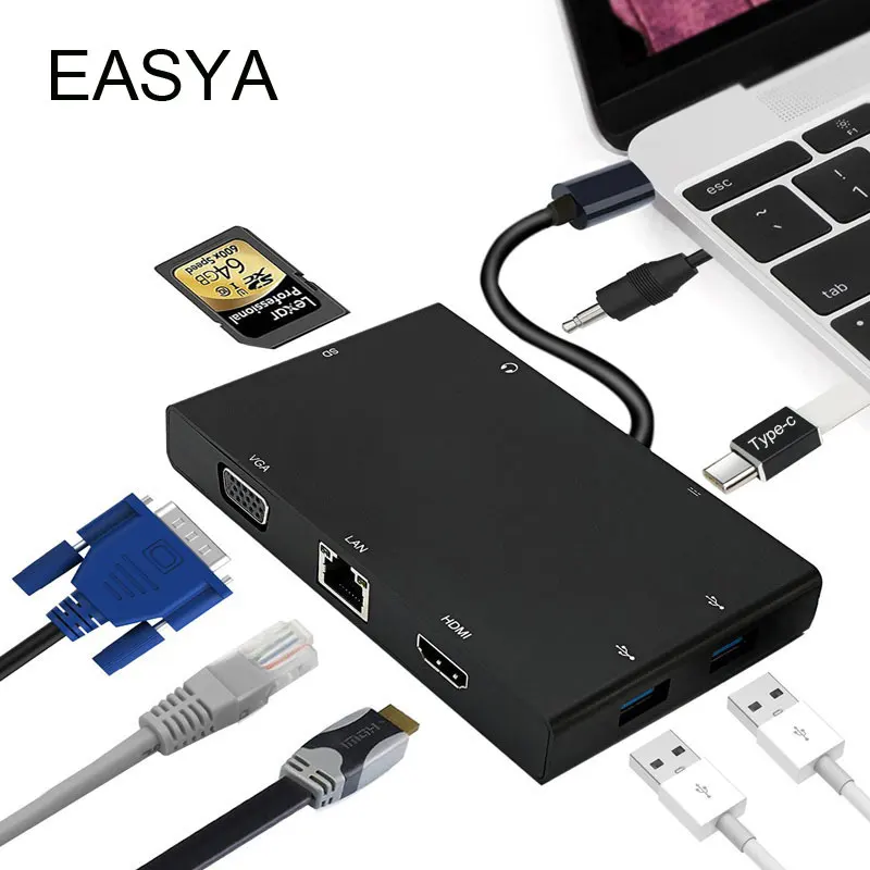 

EASYA USB 3.1 Type-C HUB HDMI VGA RJ45 Gigabit Ethernet Adapter USB C Hub with PD SD Card Slot +3.5mm Audio Port for Macbook Pro