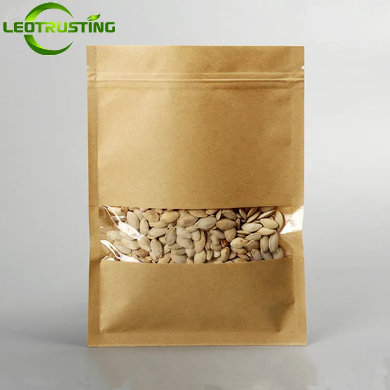 

Leotrusting 100pcs Flat Bottom Kraft Paper Clear Window Bag Candy Snack Nuts Grain Ziplock Packaging Bag Paper Gift Window Bags