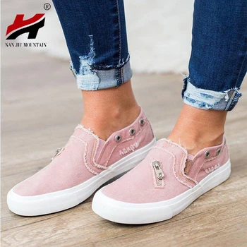

NAN JIU MOUNTAIN Spring and Autumn Canvas Shoes Loafers Flat Shoes Women Zipper Denim Rivet Casual Women's Shoes Plus Size 35-43