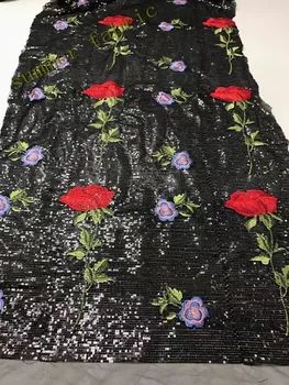 

Sequined embroidery African Tulle lace S475 Romamtic french net lace fabric with handmade rose flower for women dresses