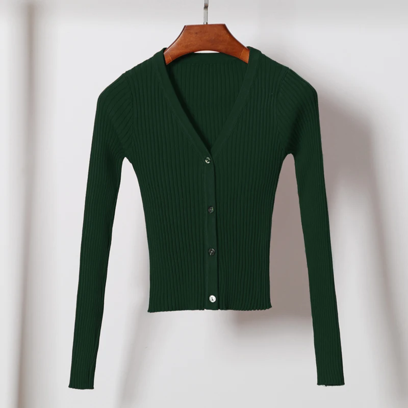 Spring Autumn Women V-Neck Knitted Full Sleeve Cropped Sweaters Cardigans Lady Knit Short Stretchy Outwear Coat Top for Female