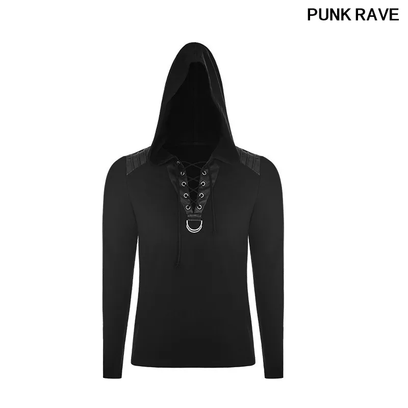 

Corn Wear Rope Large V Collar Knitted Hoodies Rock PU Leather Shoulder Long Sleeve Casual Men Sweatshirts PUNK RAVE OT-514WYM