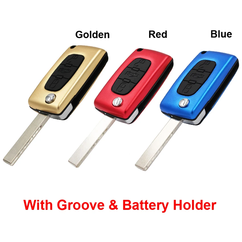 

Metal Style 3 Button Flip Remote Key Shell Case with Groove & Battery Holder Red Blue Golden for Peugeot 107 207 307 308 407 408