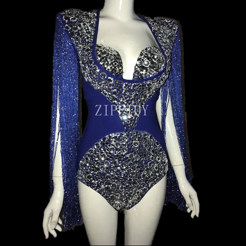 

Glisten Crystals Blue Tassel Bodysuit Big Stones Outfit Female Singer Nightclub DJ Dance Wear Stage Costume Performance Clothes