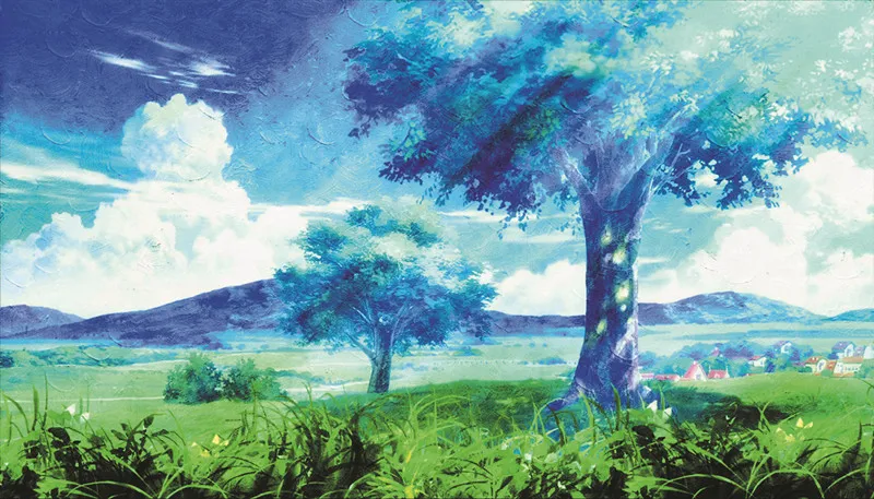 Anime trees grass sky clouds city landscape mountains Poster oil