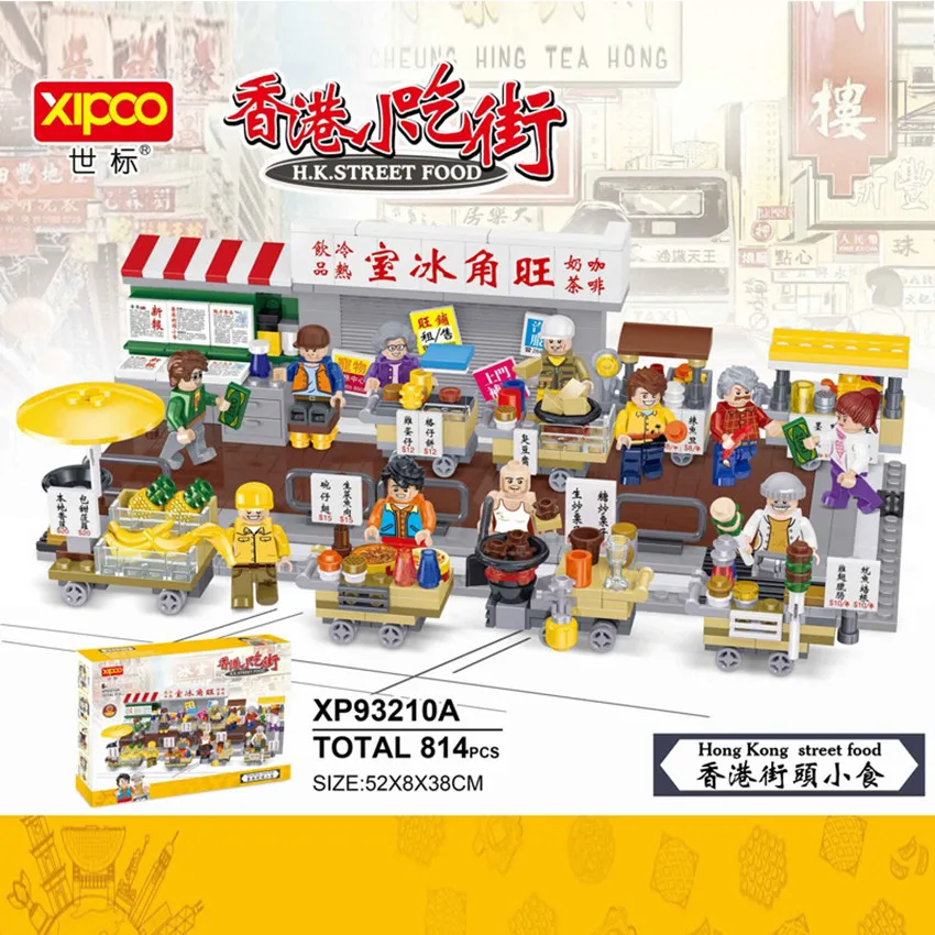 Xipoo Mini Hong Kong Street Food View Blocks Diamond Building Toy fishballs fruit stall barbecue booth egg waffle Food Shop