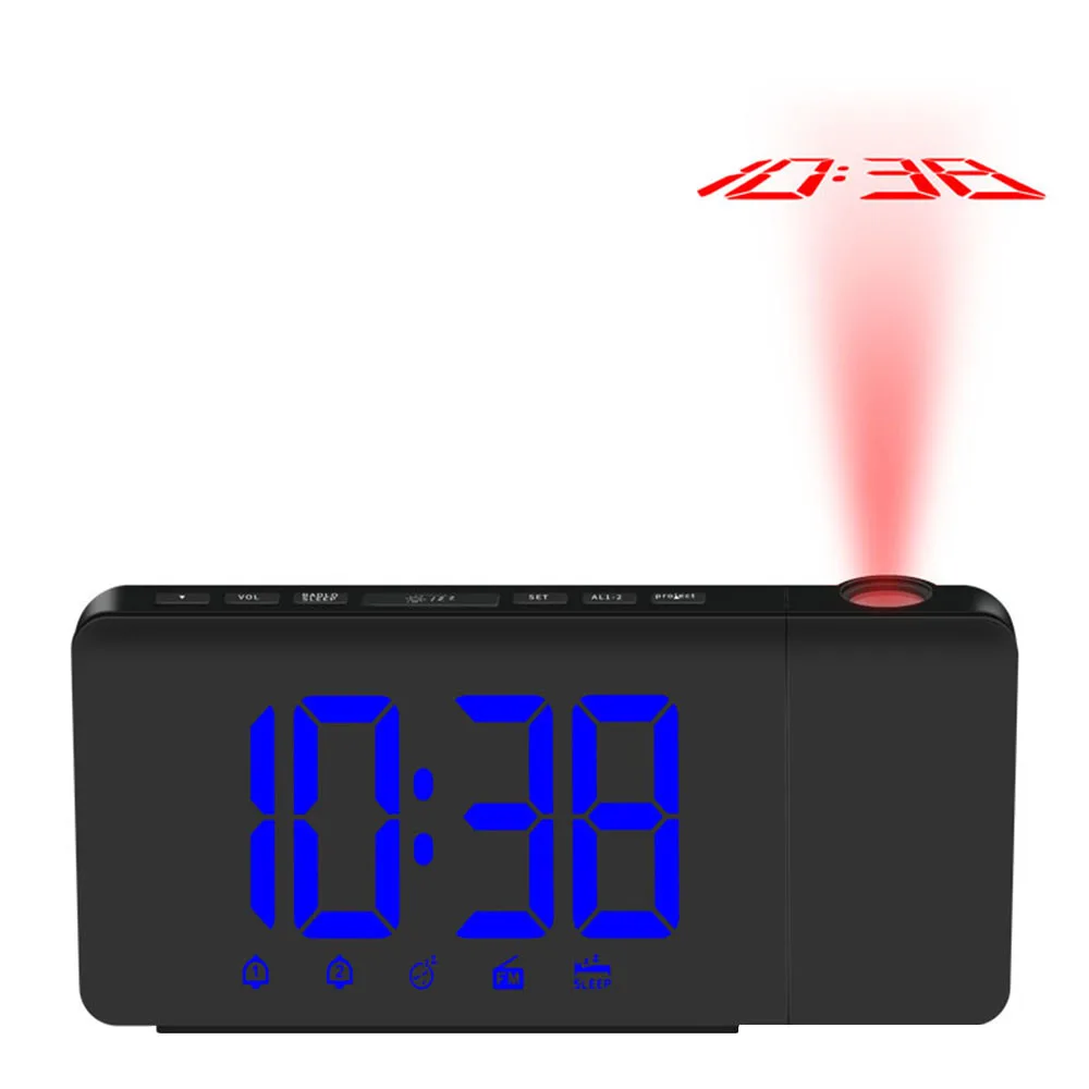 USB управляемый Светодиодный проекционный будильник с регулируемой яркостью FM радио настольные часы с вращающимся проектором двойные сигналы функция повтора