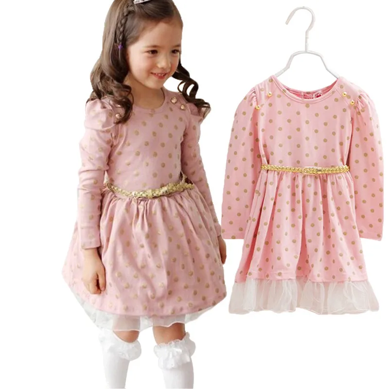 От 3 до 8 лет платье в горошек с длинными рукавами; Одежда для девочек; Детские платья для девочек-подростков; школьная повседневная одежда; костюм с поясом; повседневная одежда