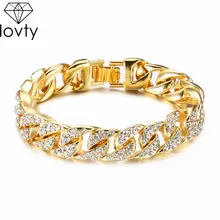 Lovty хип-хоп мужской браслет с искусственными бриллиантами, кубинские звенья и цепи, серебряный браслет для мужчин, сплав, золотой цвет, аксессуар