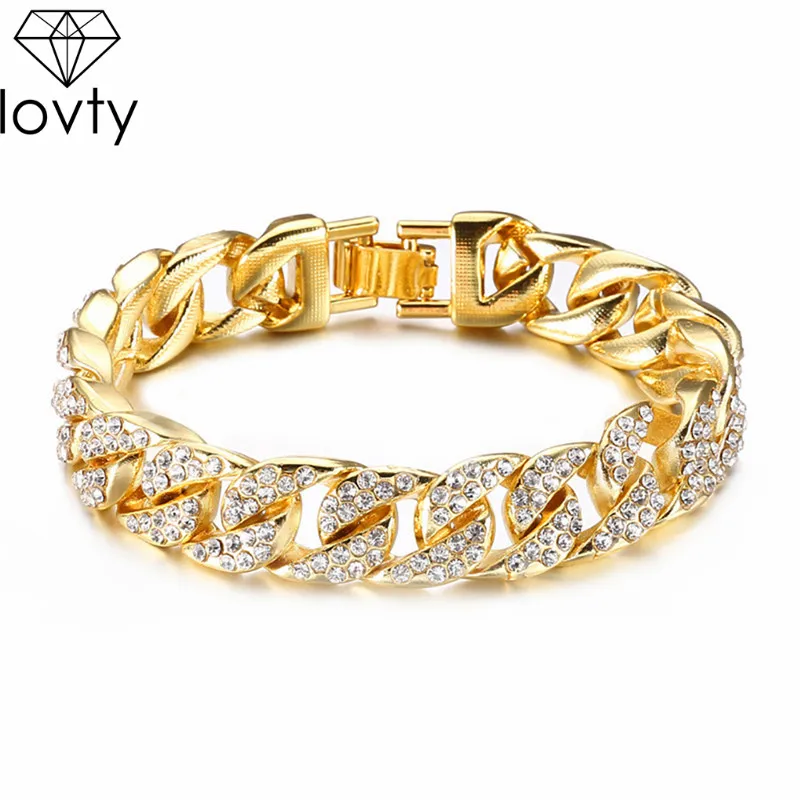 

lovty Hip Hop Men Simulated Diamonds Bracelet Cuban Links & Chains Silver Bracelet for Bangle Male Alloy Gold Color Accessory