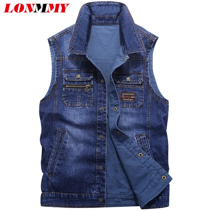 

LONMMY M-4XL Denim jacket men Sided wear Cotton Sleeveless Jeans jacket men Outerwear Coats Cowboy vest Multi-pocket 2018 Autumn