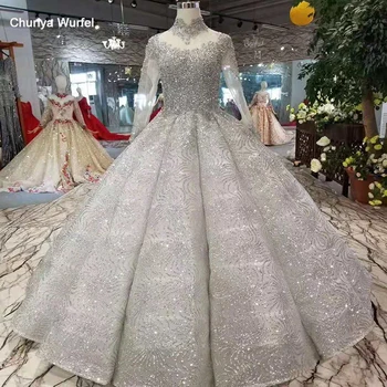 

LSS396 shiny prom dress ball gown high neck long sleeve lace up back evening dress women occasion gray curve shape pleat skirt