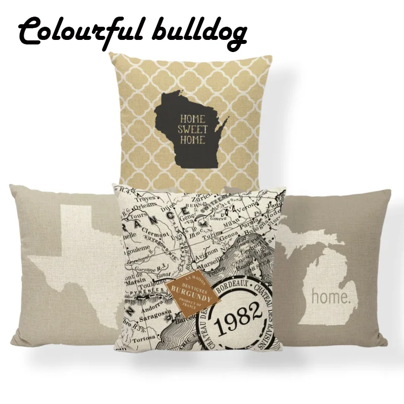 

Vintage Map Cushion Cover Pillow Case Word Texas Alaska Pilow Home Decoration Throw Cushion Covers 43X43Cm Linen New Variety