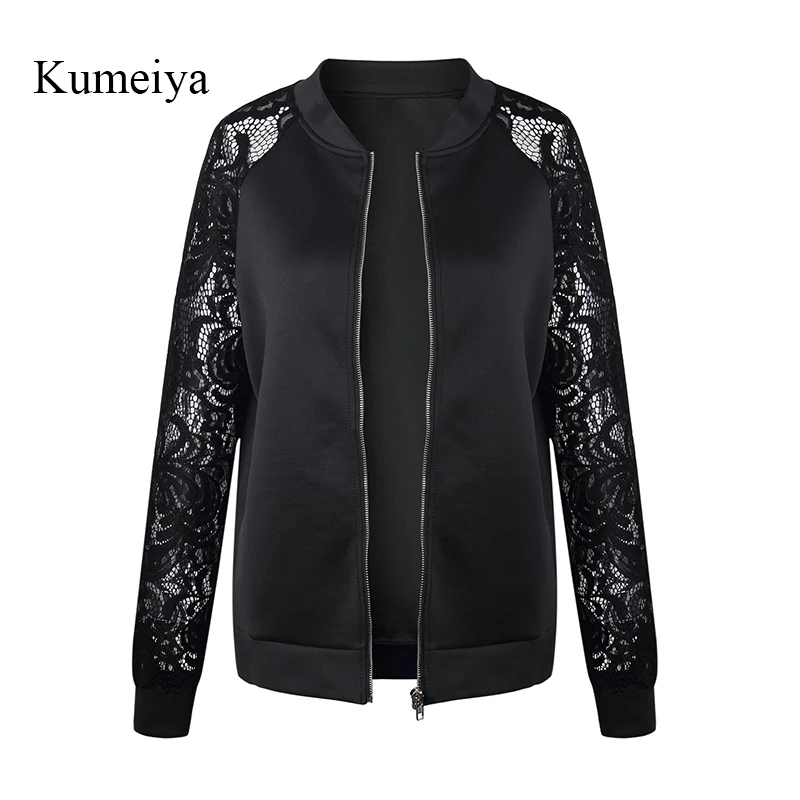 Куртка бомбер Kumeiya осенняя Повседневная Женская Черная кружевная куртка с