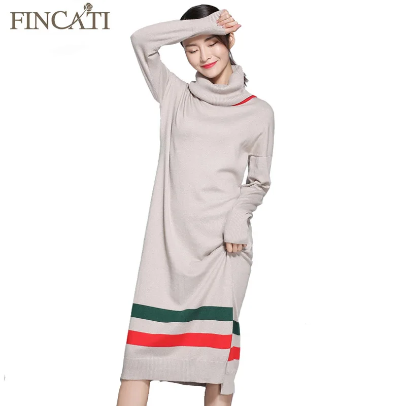 

Autumn Dress 2018 Autumn Winter Cashmere Blending Turtleneck Strips Contrast Color Casual Long Loose Soft Femme Dresses Vestidos