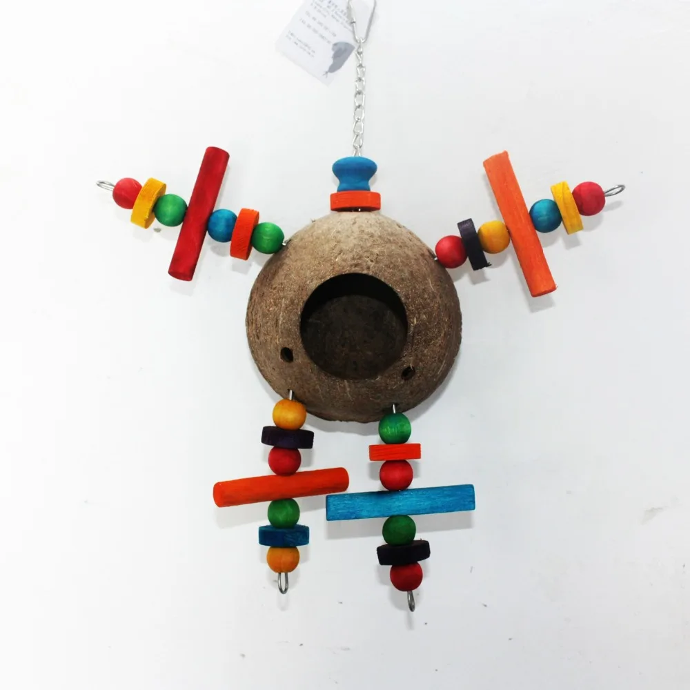 Natural Wooden Parrot Toys Coconut Nest Shell Wood Handmade Parrot