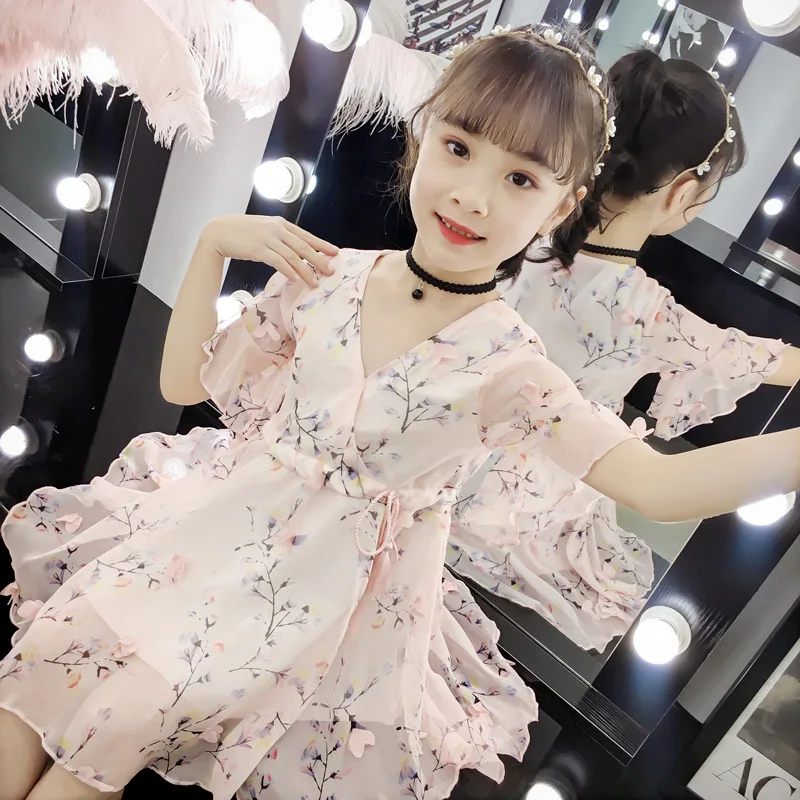 Kids Dresses for Girls 2019 Summer Dress Toddler Children V-neck Chiffon 2 3 4 5 6 7 8 9 10 11 12 13 Years | Детская одежда и