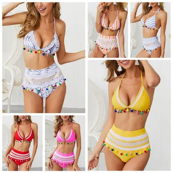 

ARXIPA 2019 Mesh Sexy Bikini Set Tassel Women Swimsuit High Waist Swimwear Two Piece Separate Bathing Suit Triangle Leopard Hot
