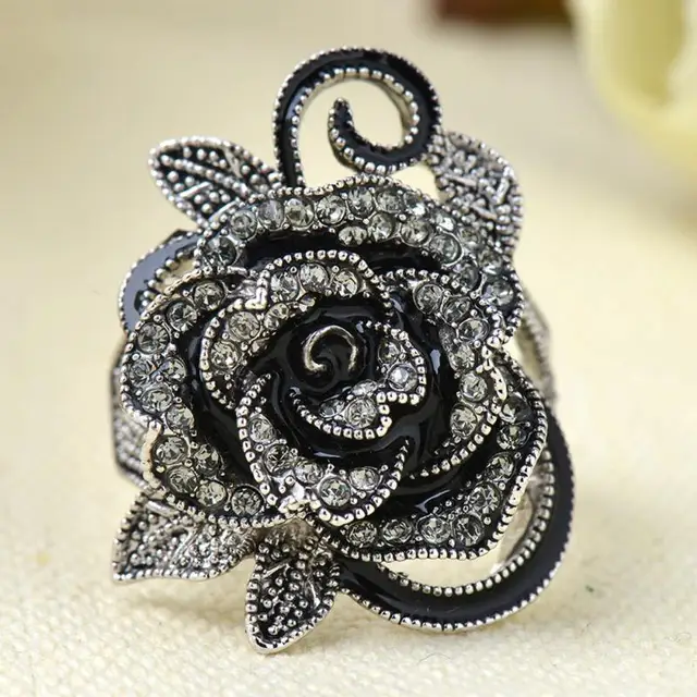 Fashion New Gothic Style Vintage Jewelry Black Rose Flower Cute Female Ring with Fashion New Gothic Style Vintage Jewelry Black Rose Flower Cute Female Ring with