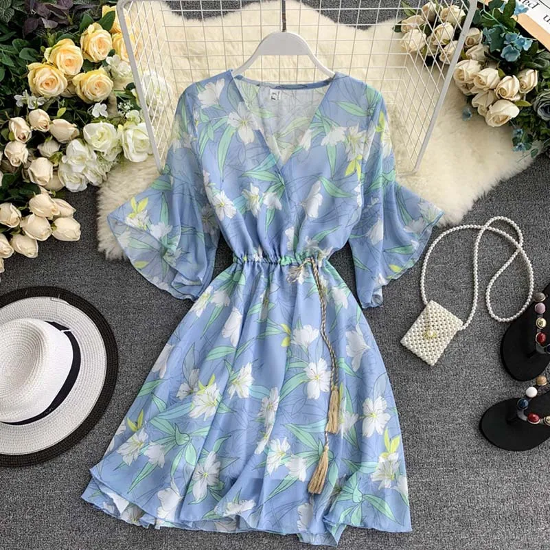 

Summer Dress 2019 Korean Fairy French Dress Cool Girl Print V-neck Flare Sleeves Chiffon Plus Size Women Casual Dress summer