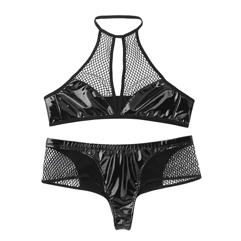 Beste IIXPIN Vrouwen Pole Dance Kleding Sexy Set lingerie femme Babydoll Wet Look Faux Leather Visnet Halter Bh Top Mini slips