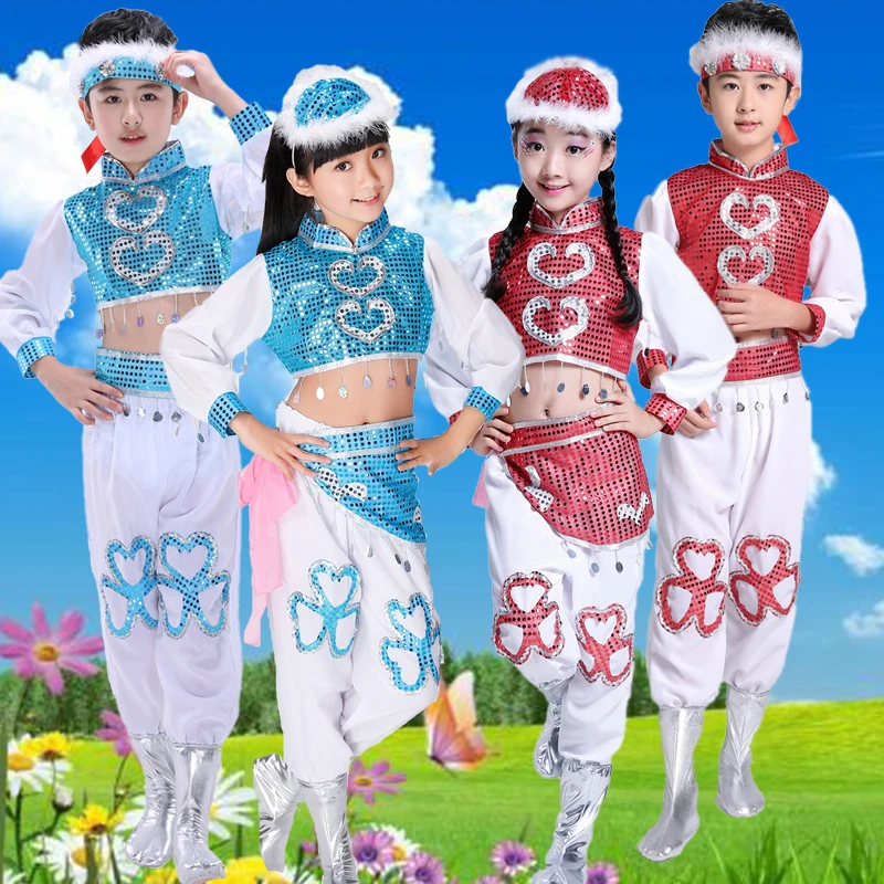 

New Xiaohe style horseshoe children Mongolian national boys and girls costumes children's sequins performance clothing