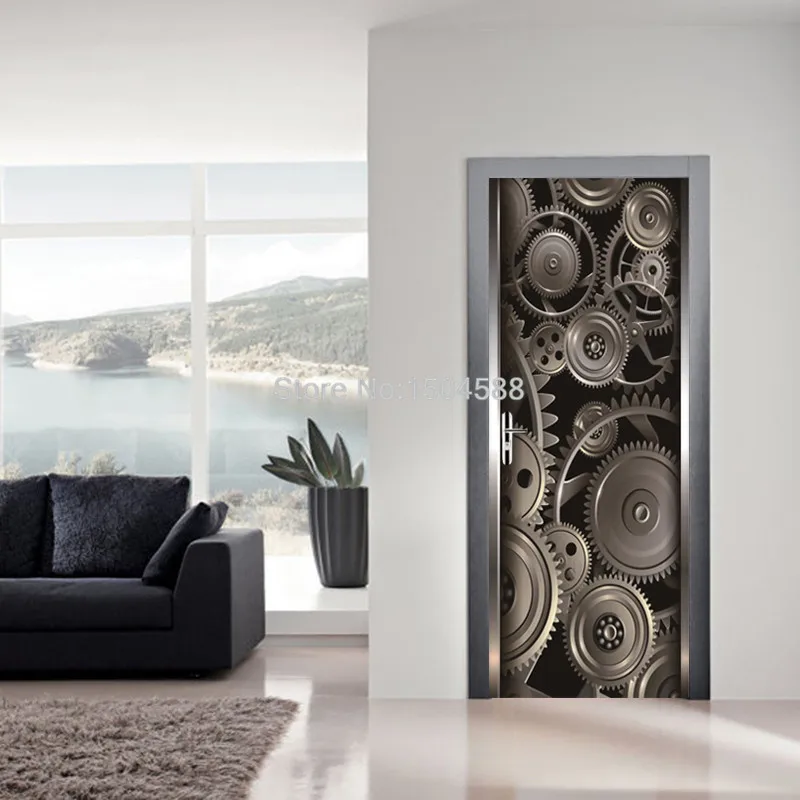 Современная креативная дверная Наклейка 3D стерео металлическая текстура Шестерня обои для гостиной домашний декор настенные наклейки ПВХ водонепроницаемые наклейки s