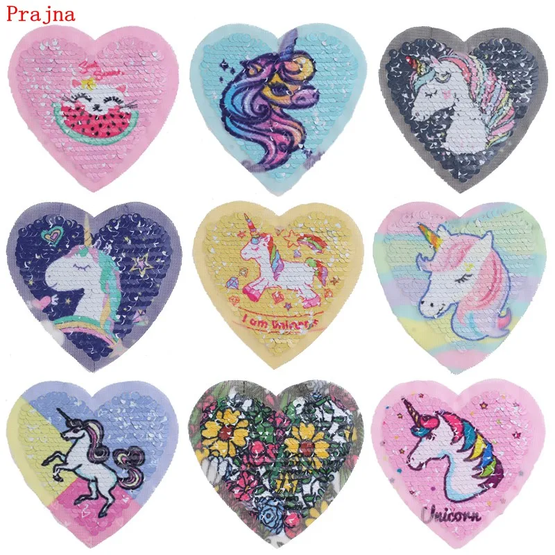 

Prajna Love Heart Unicorn Reversible Sequin Patch Princess Daisy Change Patches Pink Horse Sticker For Dress Jacket Ornaments