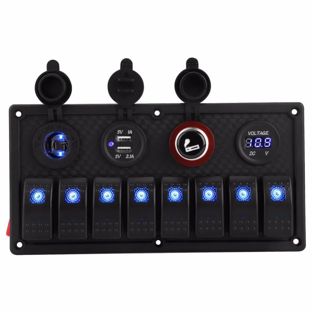 

Marine Boat Rocker Switch Panel 8 Gang Waterproof ON Off Toggle Switches with Digital Voltage Display 3.1A Double USB